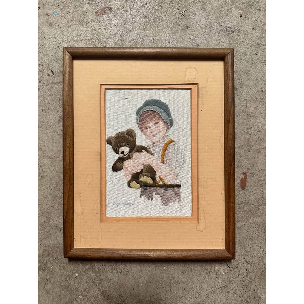 Jan Hagara Needlepoint – Boy with Teddy Bear – Framed Embroidery – 11” x 9”